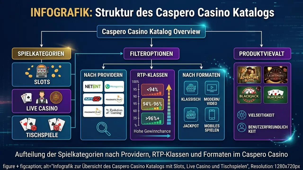 Infografik zur Übersicht des Caspero Casino Katalogs mit Slots, Live Casino und Tischspielen