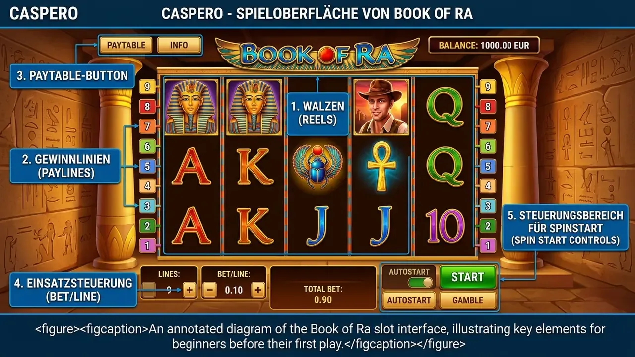Book of Ra Spielautomat online spielen – annotierte Bedienoberfläche mit Walzen, Linienwahl und Einsatzsteuerung