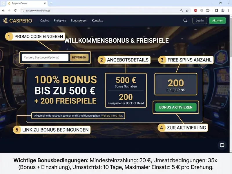 caspero promo code Eingabefeld auf der Bonusseite